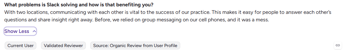 Slack user testimonial from a validated reviewer about multi-location team communication