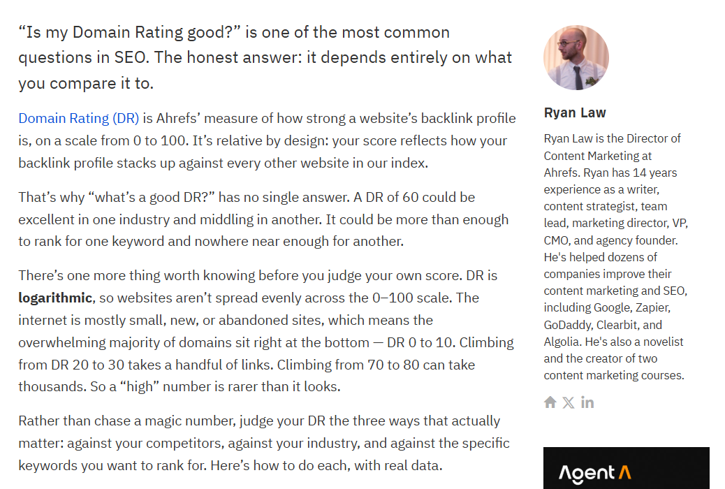 Ahrefs blog post excerpt explaining what Domain Rating is and how it's calculated