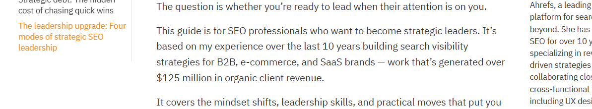 Ahrefs blog article excerpt on strategic SEO leadership for B2B and SaaS brands.