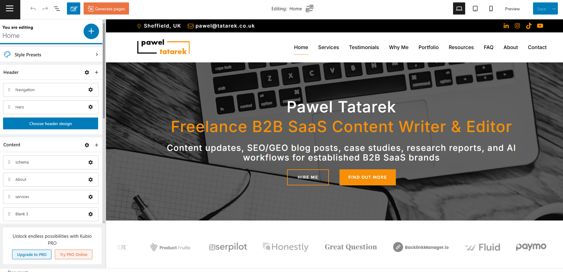 Wix website builder editor showing a freelance B2B content writer homepage