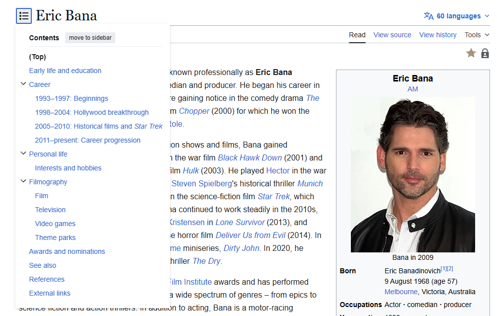 Wikipedia article sidebar showing Eric Bana's biography and photo