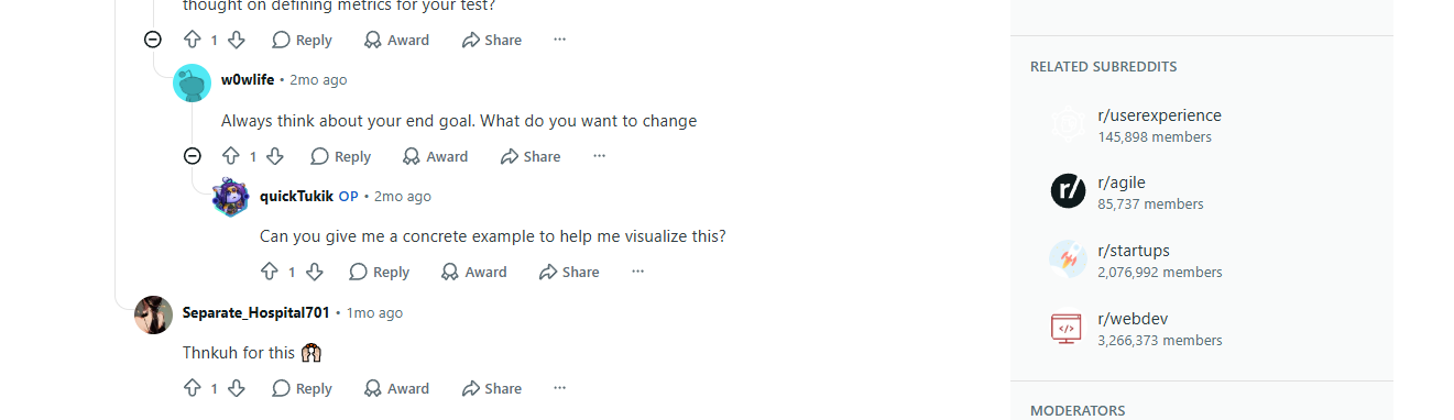 Reddit thread page with related subreddits sidebar listing community member counts