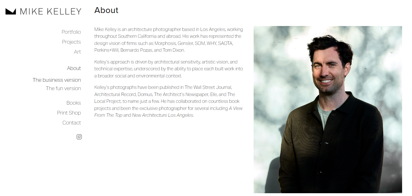 Photographer portfolio page with left sidebar navigation menu