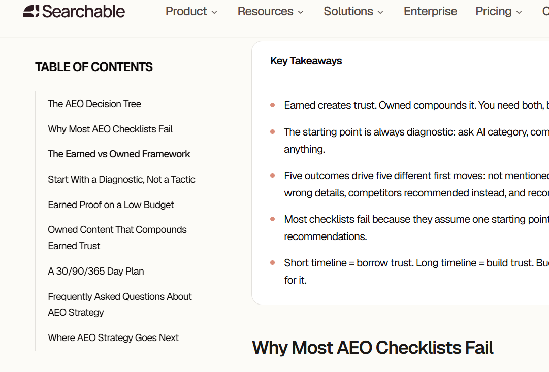 Blog post with left table of contents sidebar and a key takeaways callout box