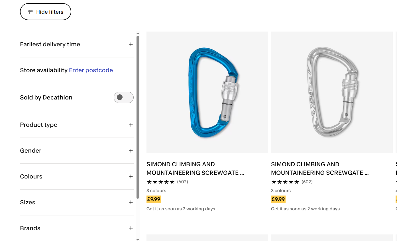 Product listing page with left filter panel for size, colour, and brand