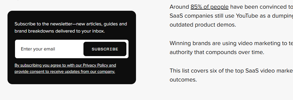 Dark newsletter signup widget with email input field and subscribe button