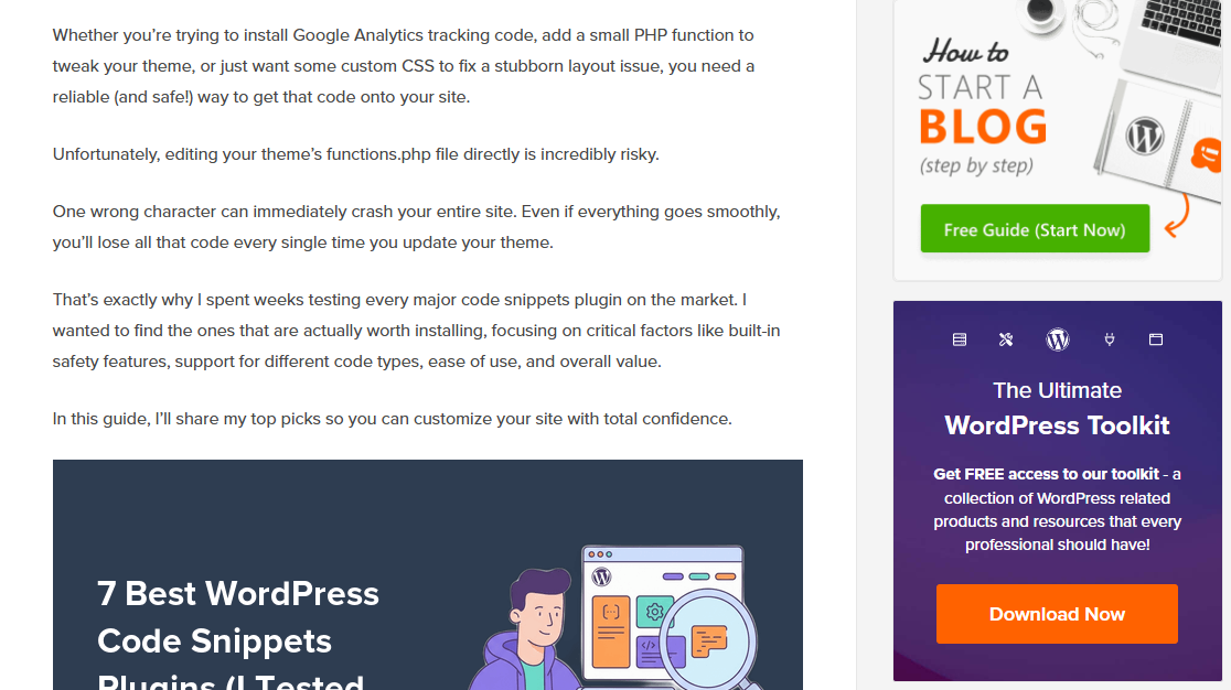 Blog post with right sidebar featuring a WordPress toolkit resource download box