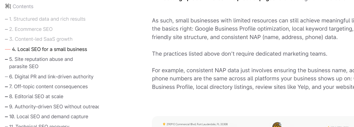 Article with left sticky table of contents covering SEO strategy topics