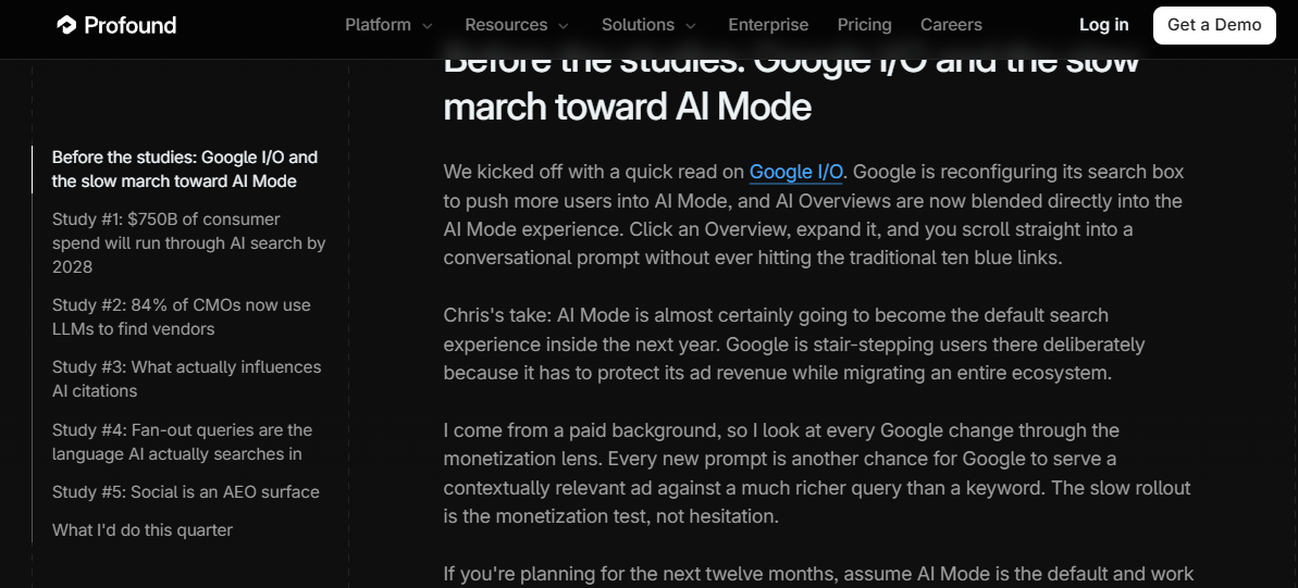 Profound blog with top navigation bar and article content