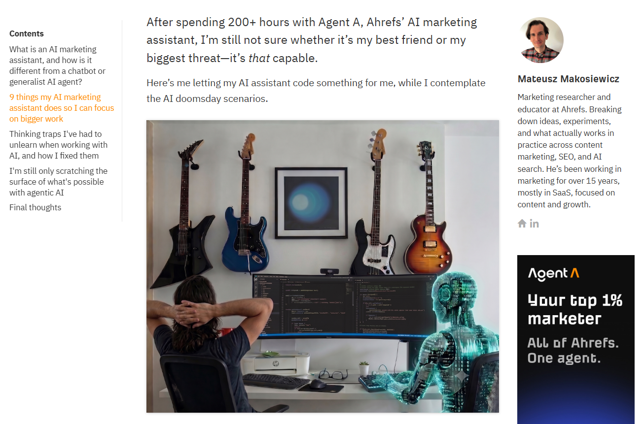 Blog post about AI marketing with right sidebar showing an Ahrefs Agent A advertisement