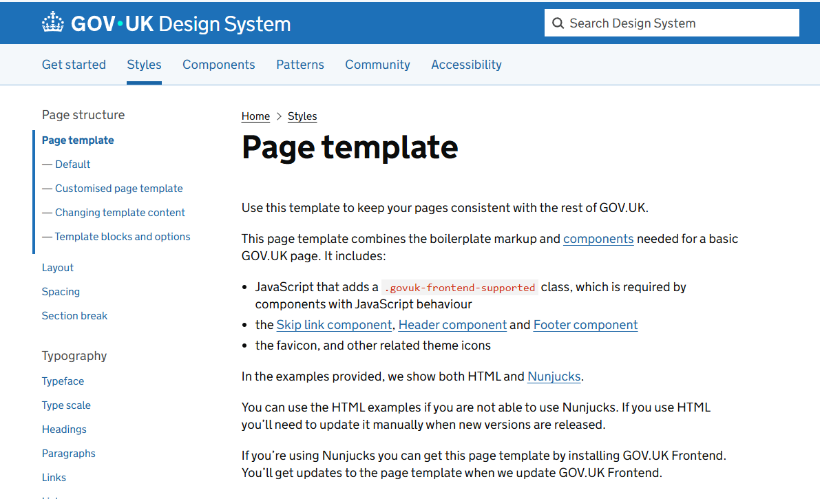 GOV.UK Design System page with left-side navigation for styles and components