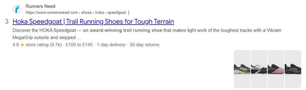 Google search result for Hoka Speedgoat trail running shoes on Runners Need