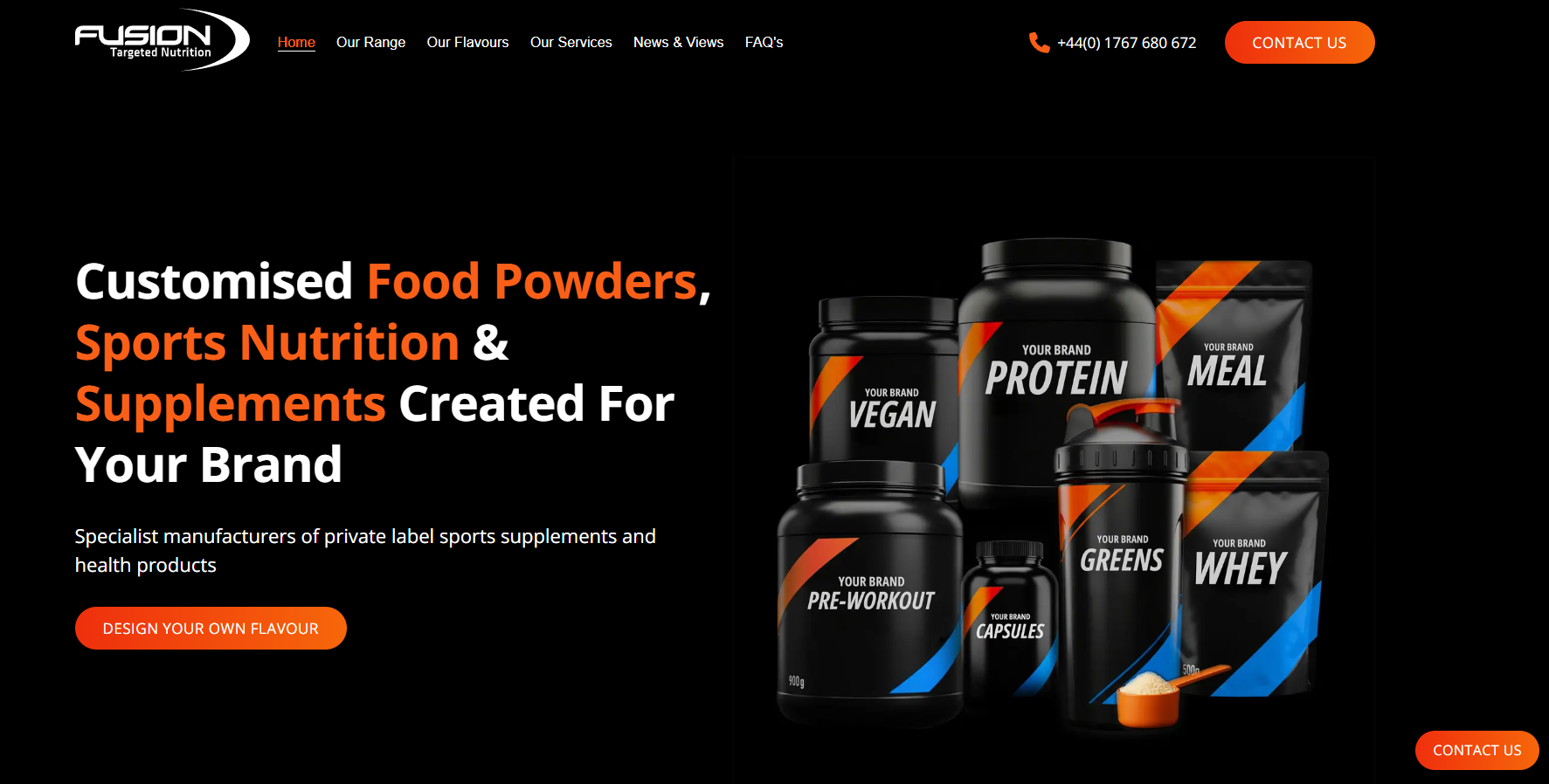 Fusion Targeted Nutrition homepage hero with custom supplement products
