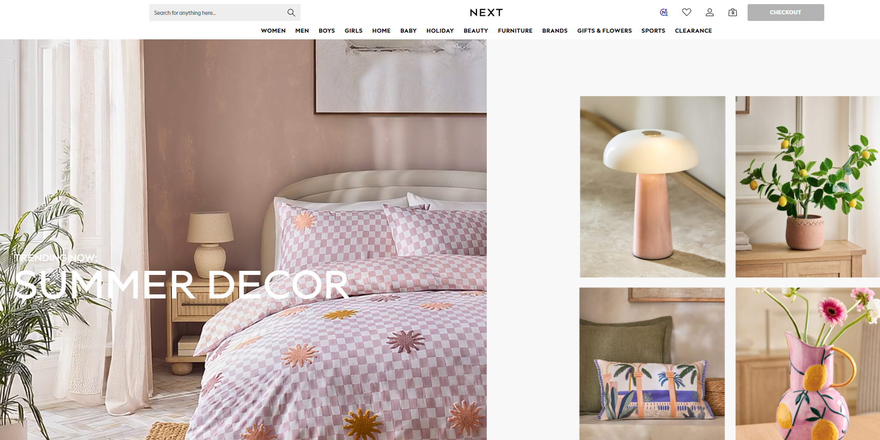 Next.co.uk homepage featuring summer decor collection with bedroom and home accessories