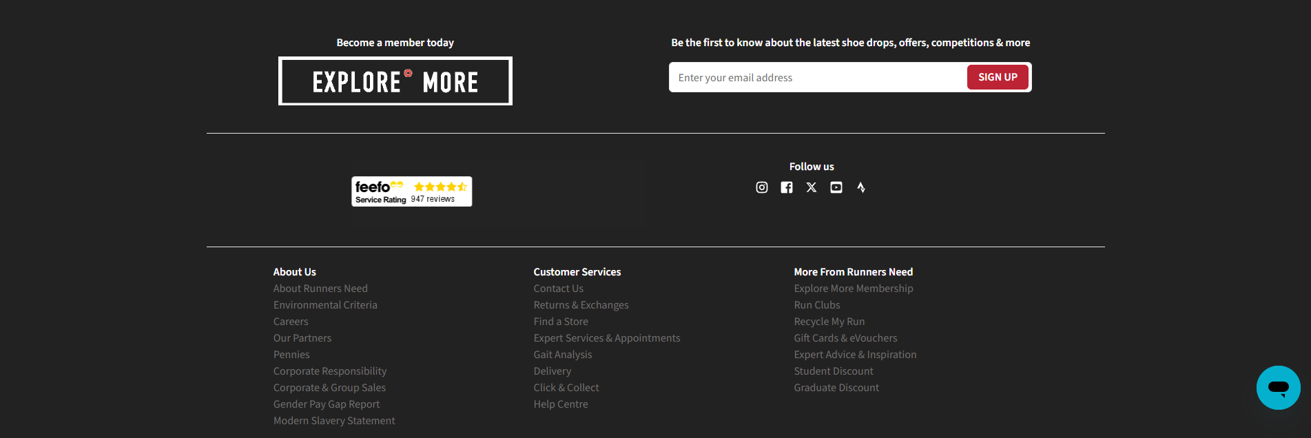 Runners Need website footer with email newsletter signup and Feefo rating
