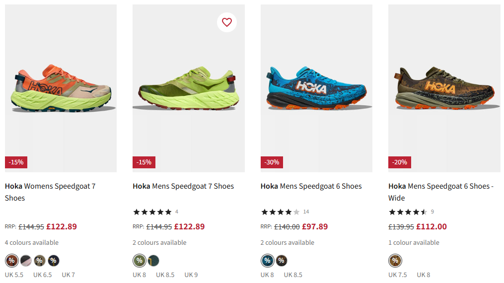 Hoka running shoes product grid with sale prices and color swatches