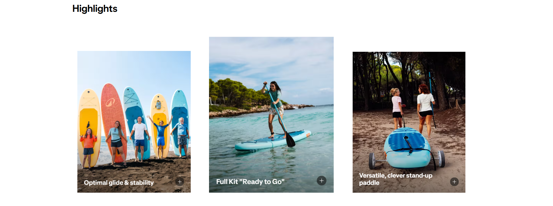 SUP paddleboard product highlights section with three lifestyle feature images