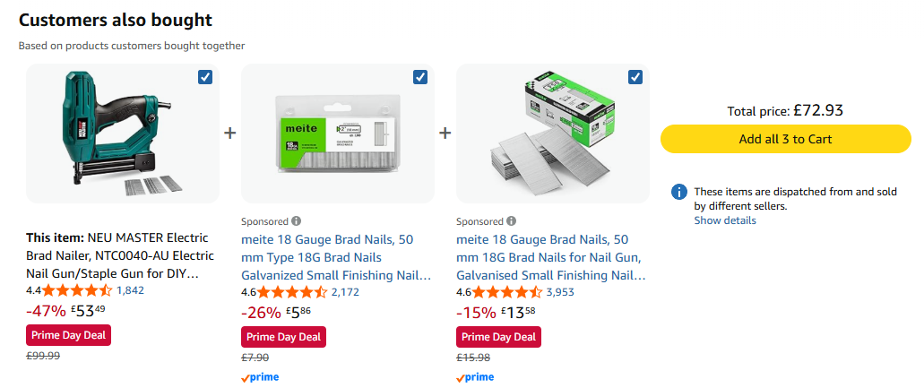 Amazon "Customers also bought" bundle section with nail gun and brad nails