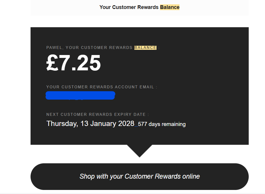 Customer rewards balance dashboard showing ยฃ7.25 balance with expiry date