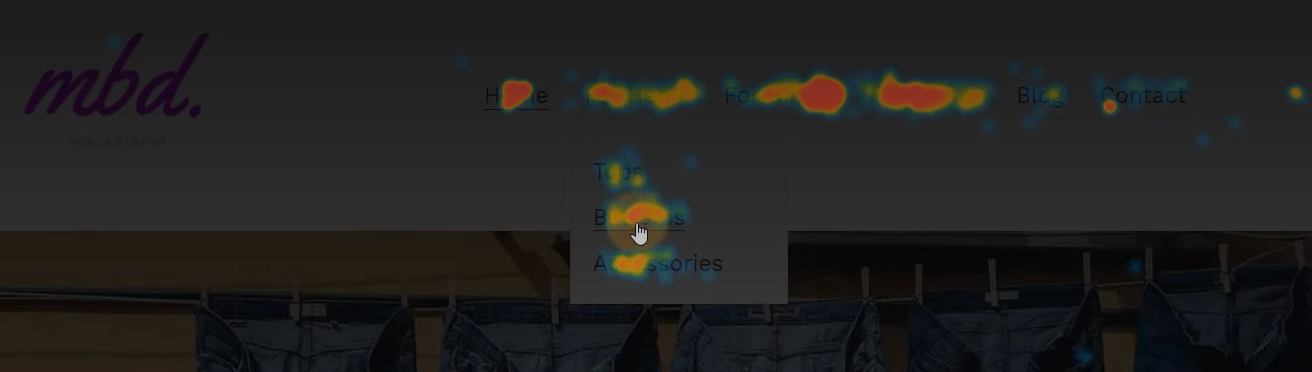Click heatmap overlay on a website's navigation menu