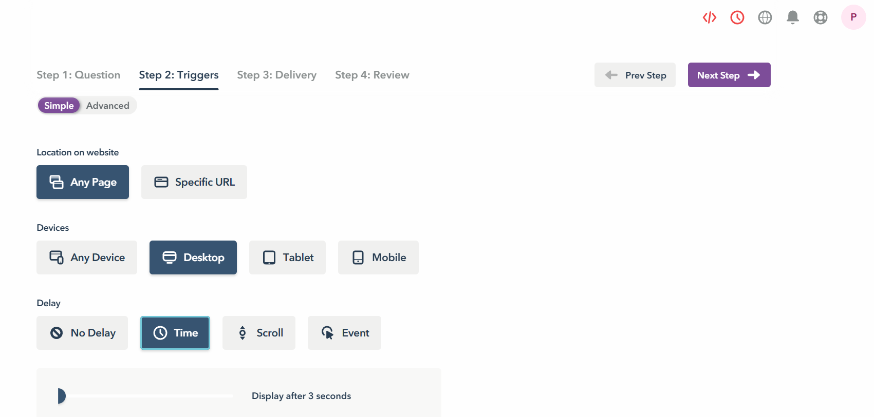 CTA trigger settings for page, device, and delay rules