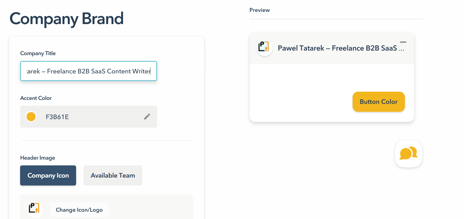 Company brand settings for CTA title, color, and header image