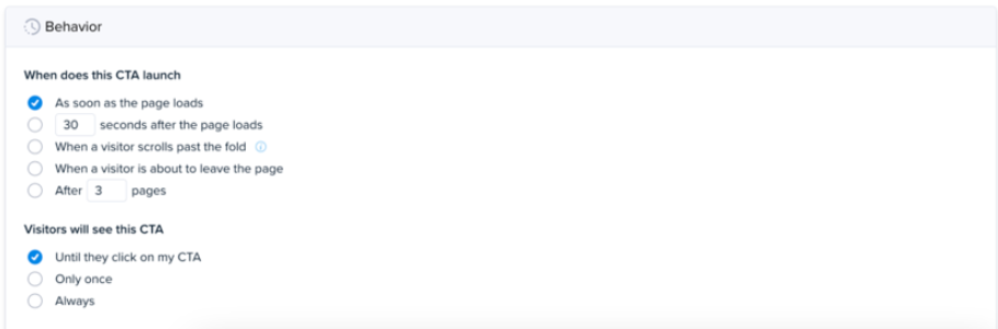 Crazy Egg CTA behavior settings for launch timing and visibility rules