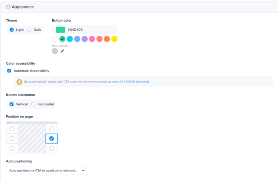 Crazy Egg CTA appearance settings for theme, button color, and position