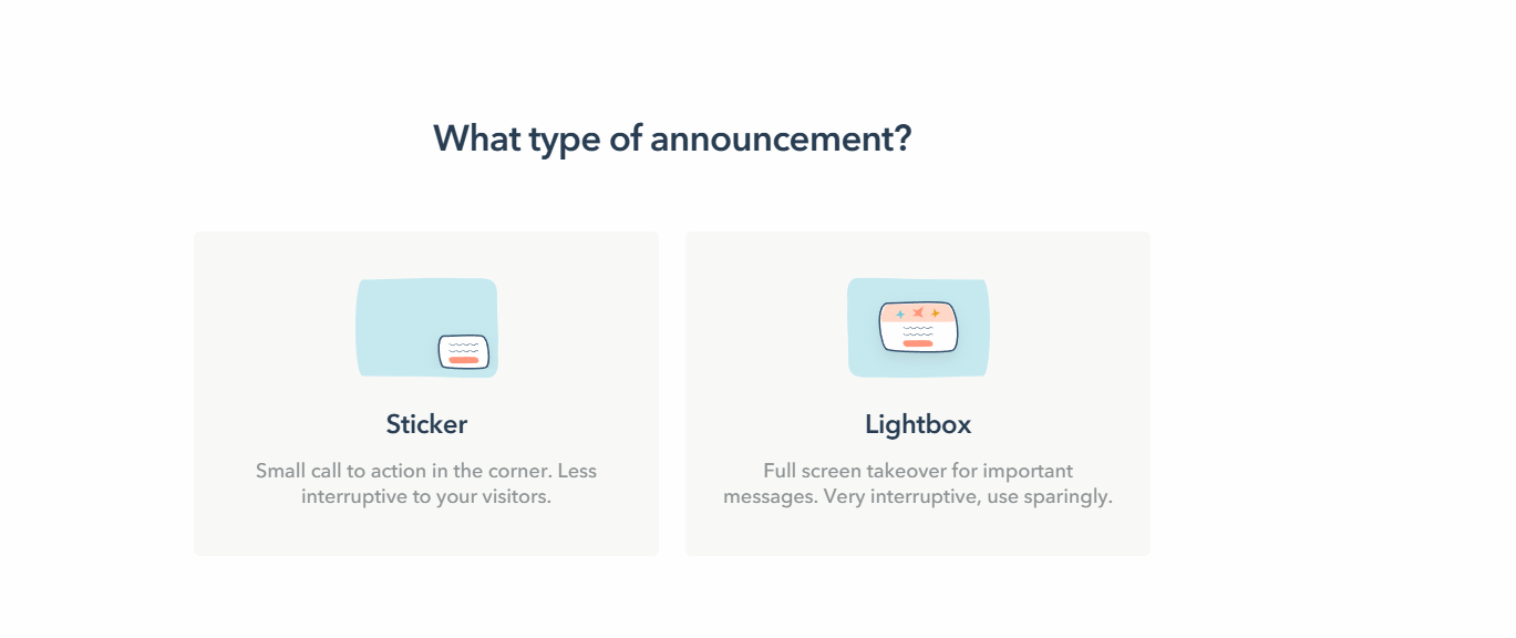 Lucky Orange announcement type selection between sticker and lightbox formats