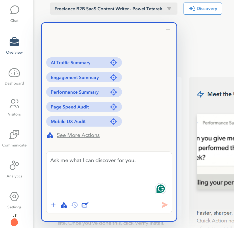 AI Discovery panel with quick action buttons for traffic and engagement summaries