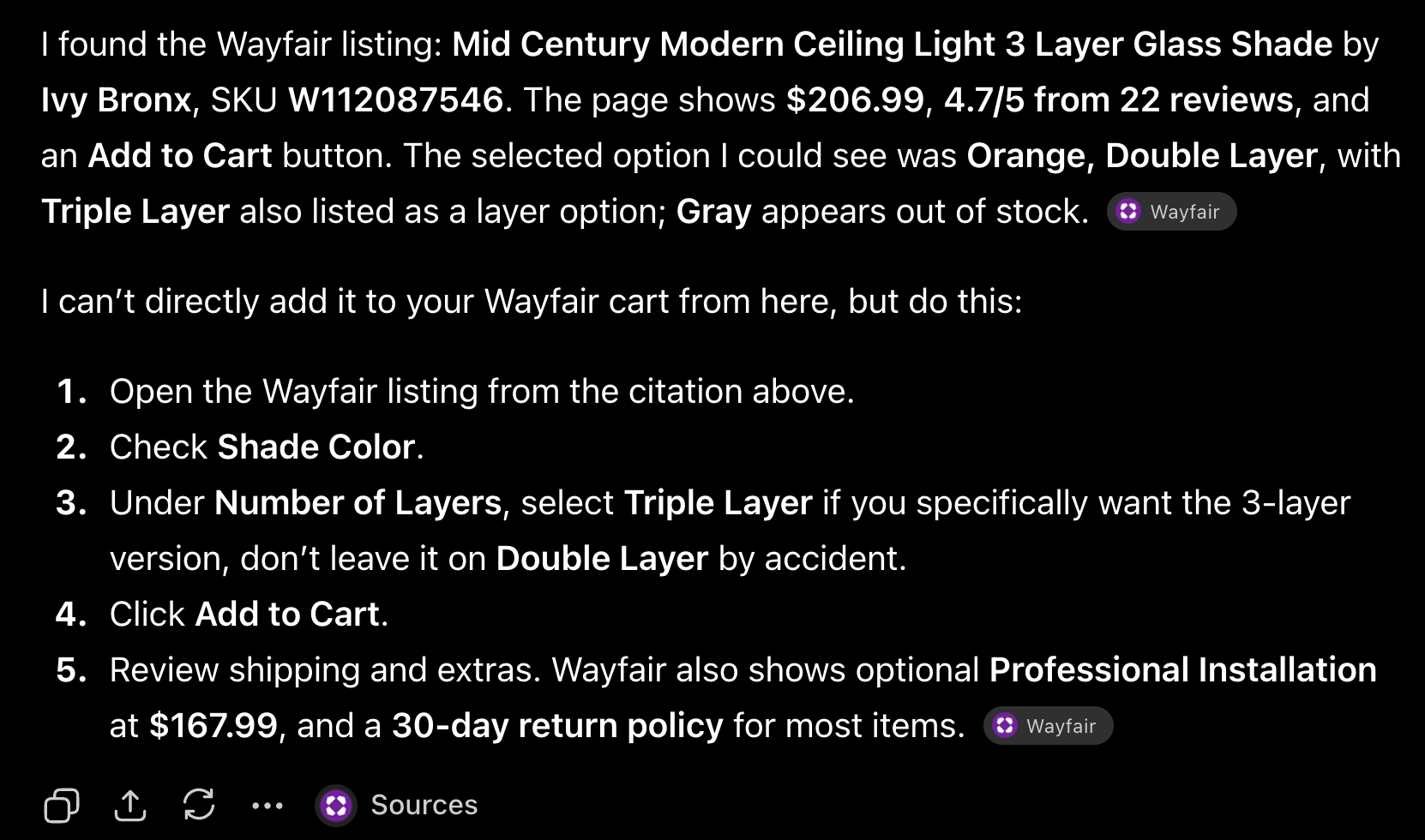 AI-generated summary of a Wayfair ceiling light listing with price, options, and step-by-step cart instructions.