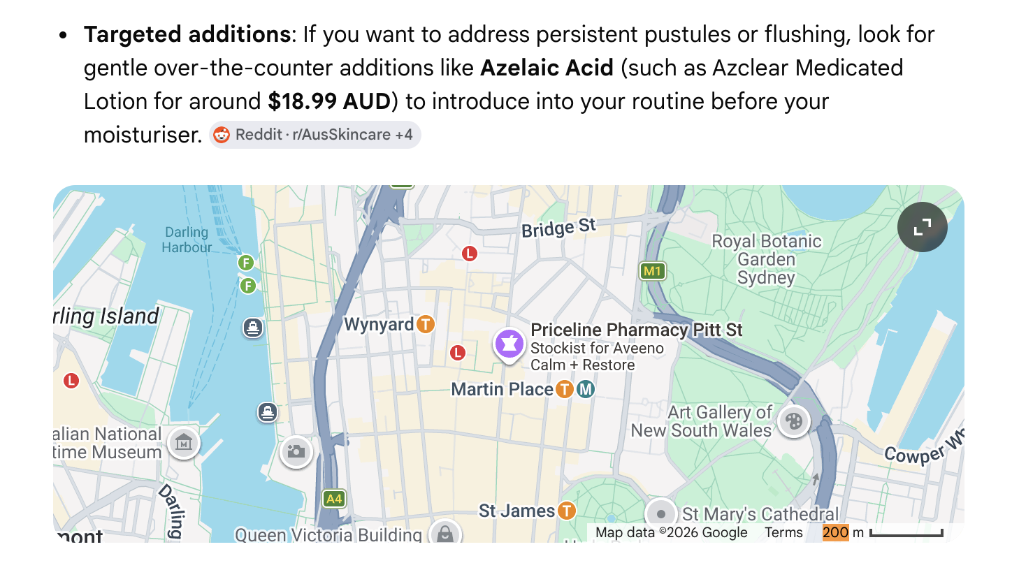 Map showing a Priceline Pharmacy location in Sydney with a skincare product recommendation excerpt above it.