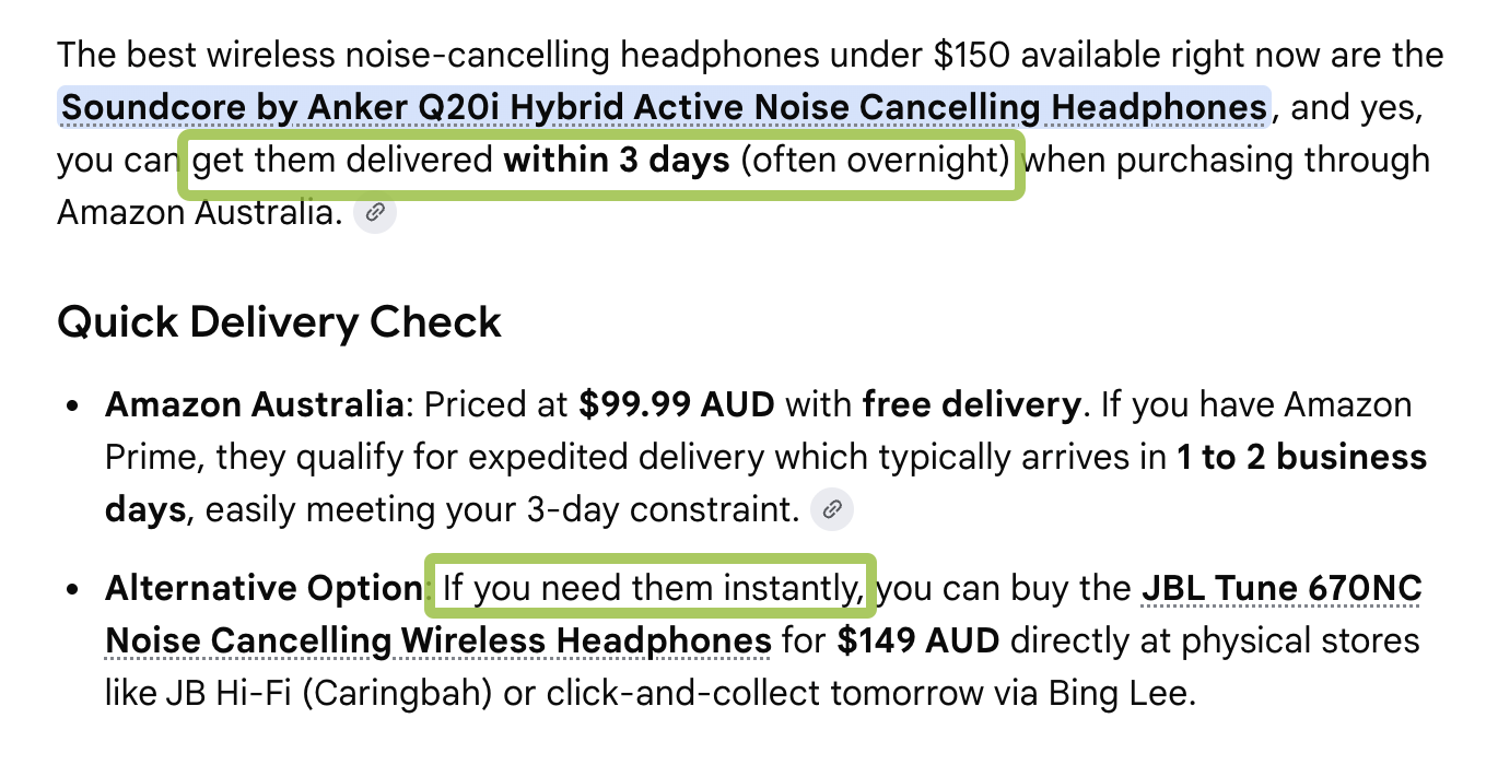 Text recommending noise-cancelling headphones under $150 with delivery time details.