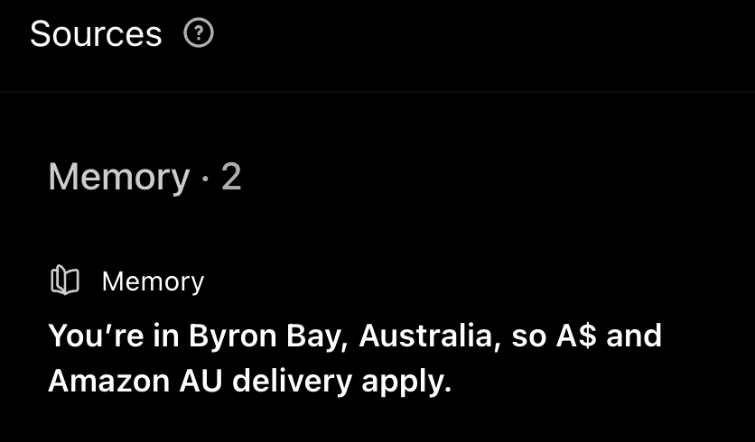 Sources panel citing saved memory about the user's location in Byron Bay, Australia.