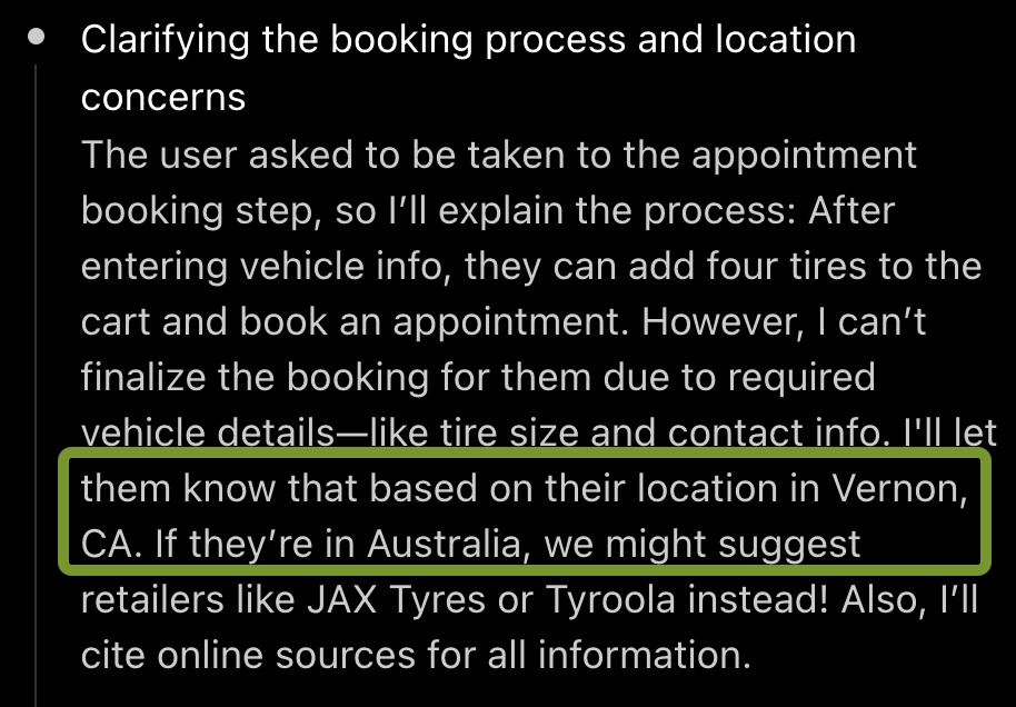 Text explaining an AI agent's tire appointment booking process and location-based retailer suggestions.