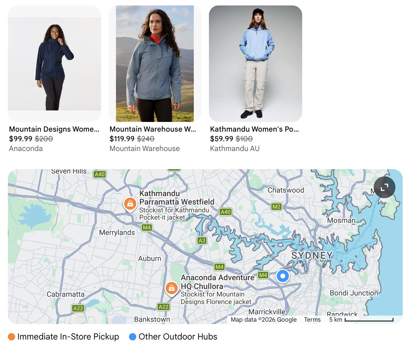 Three women's jacket product photos with prices above a Sydney retailer location map.