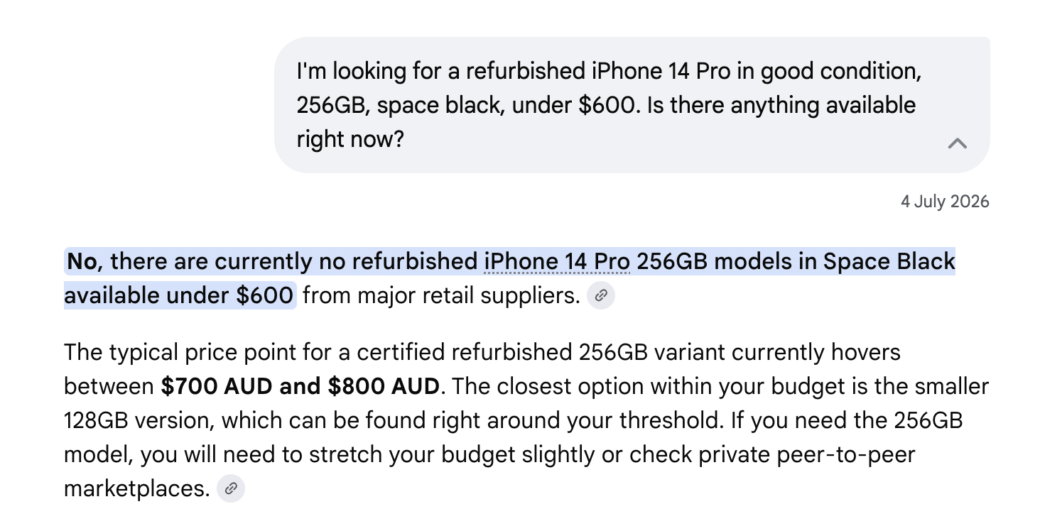 Chat exchange noting no refurbished iPhone 14 Pro matches were found under $600 AUD.