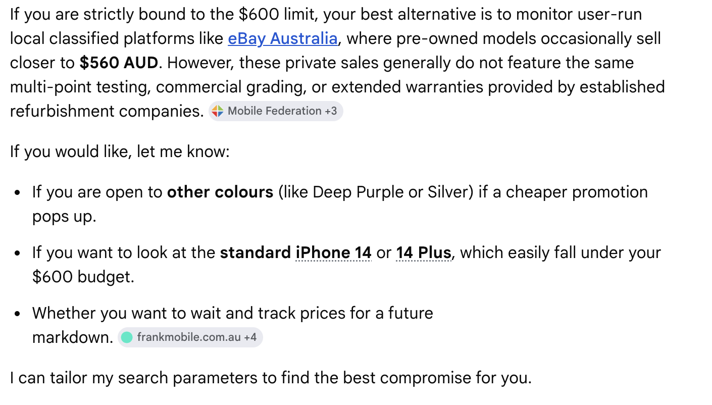 Text suggesting alternative iPhone models and colors to fit a $600 AUD budget.