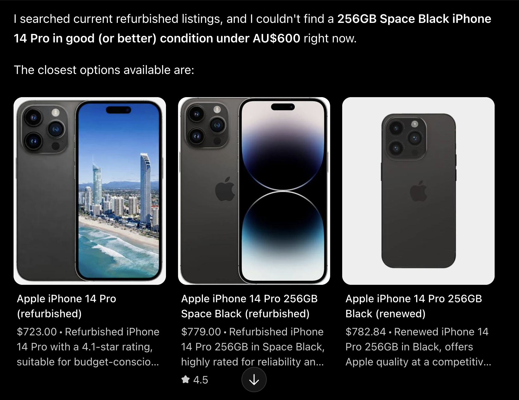Grid of three refurbished iPhone 14 Pro listings with prices and ratings.