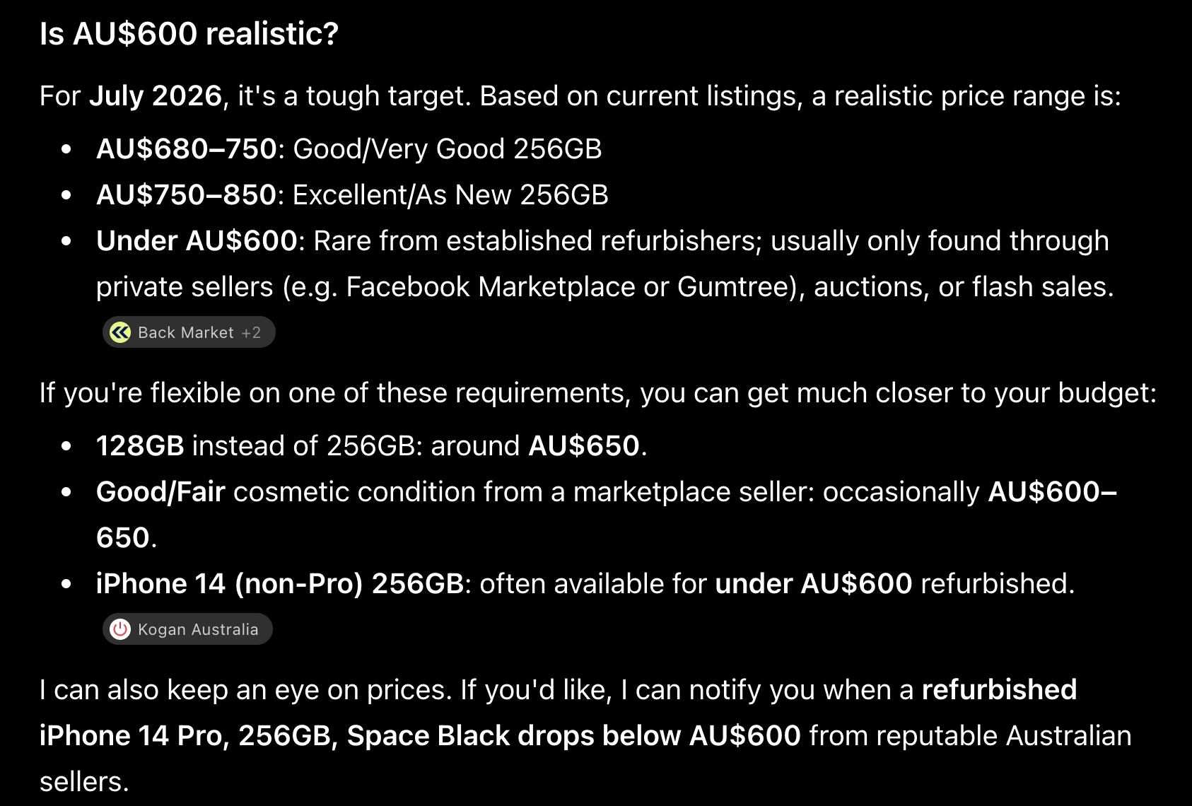 Text breaking down realistic refurbished iPhone price ranges by condition and storage in AUD.