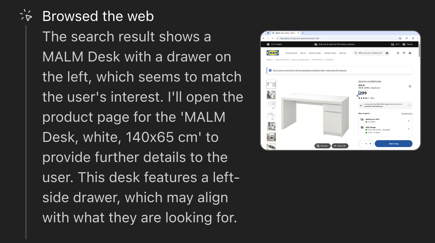 Screenshot of an AI agent browsing IKEA's site for a white MALM desk, showing the product page and price.