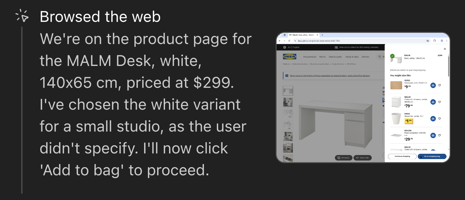 Screenshot of the IKEA MALM desk added to a shopping bag with related product suggestions.