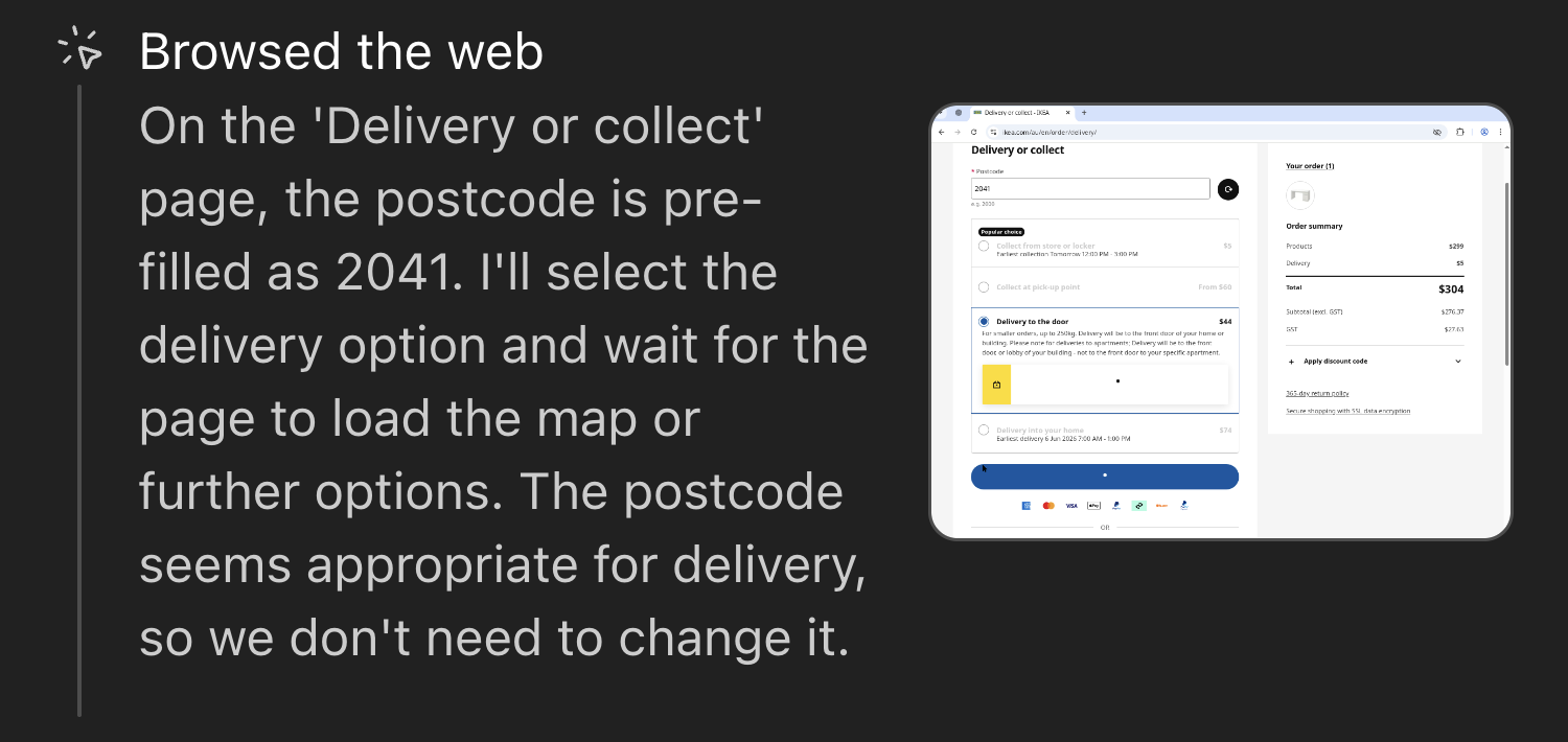 Screenshot of IKEA's delivery/collection page with a pre-filled postcode and order summary.