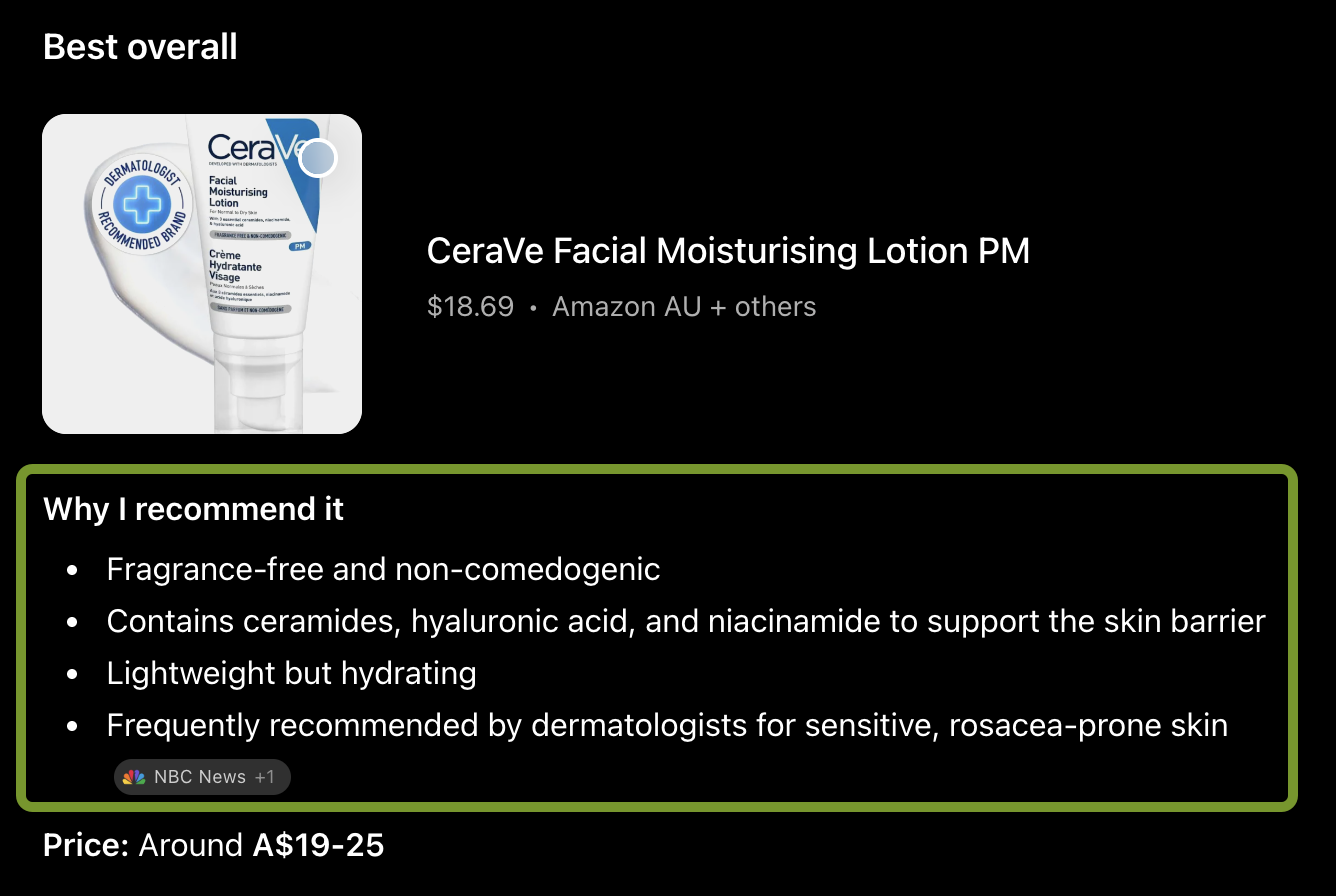 Product card for CeraVe Facial Moisturising Lotion PM listed as the best overall pick with reasons.