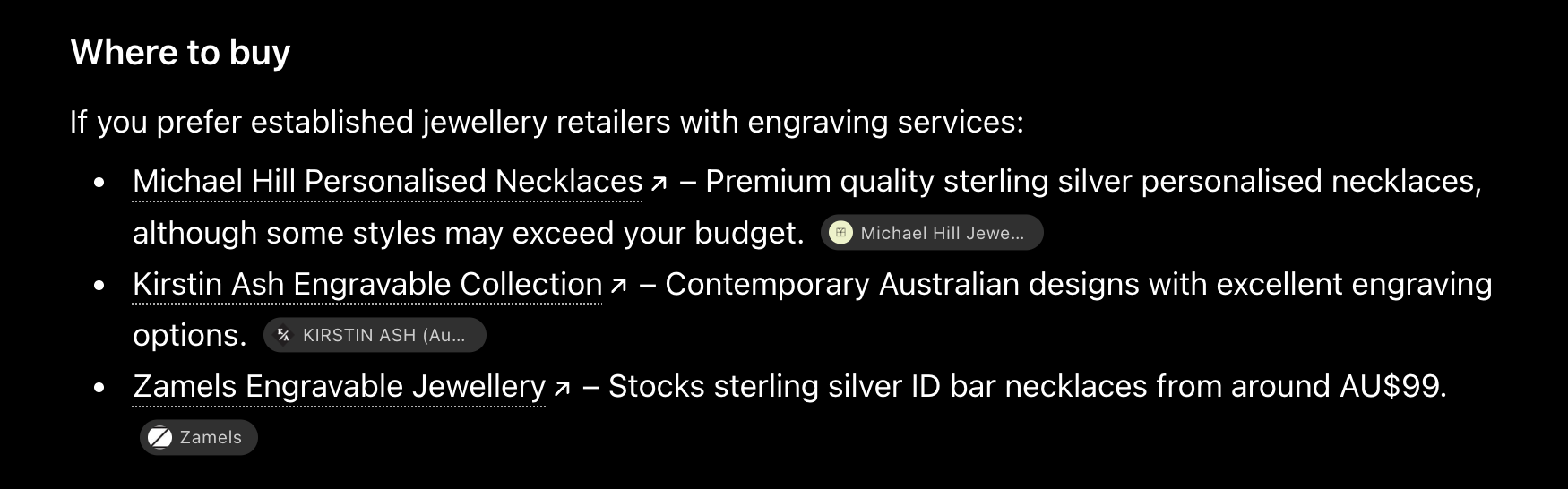 List of jewelry retailers offering engravable necklaces with brief descriptions.