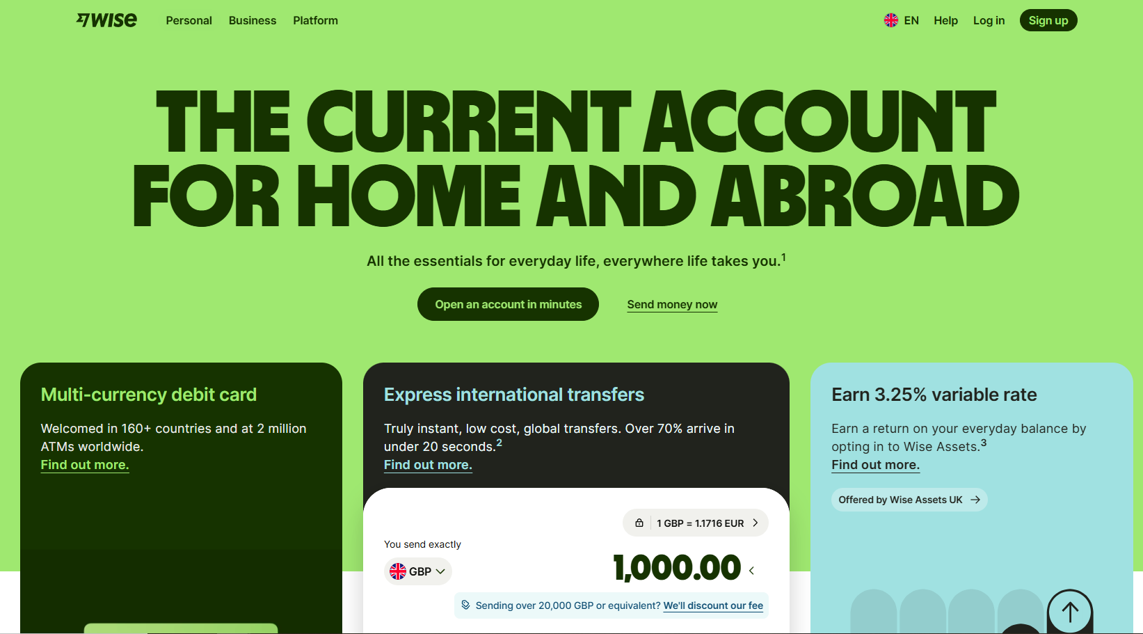 Wise homepage with headline "The current account for home and abroad," featuring cards for a multi-currency debit card, instant international transfers, and a 3.25% variable rate.