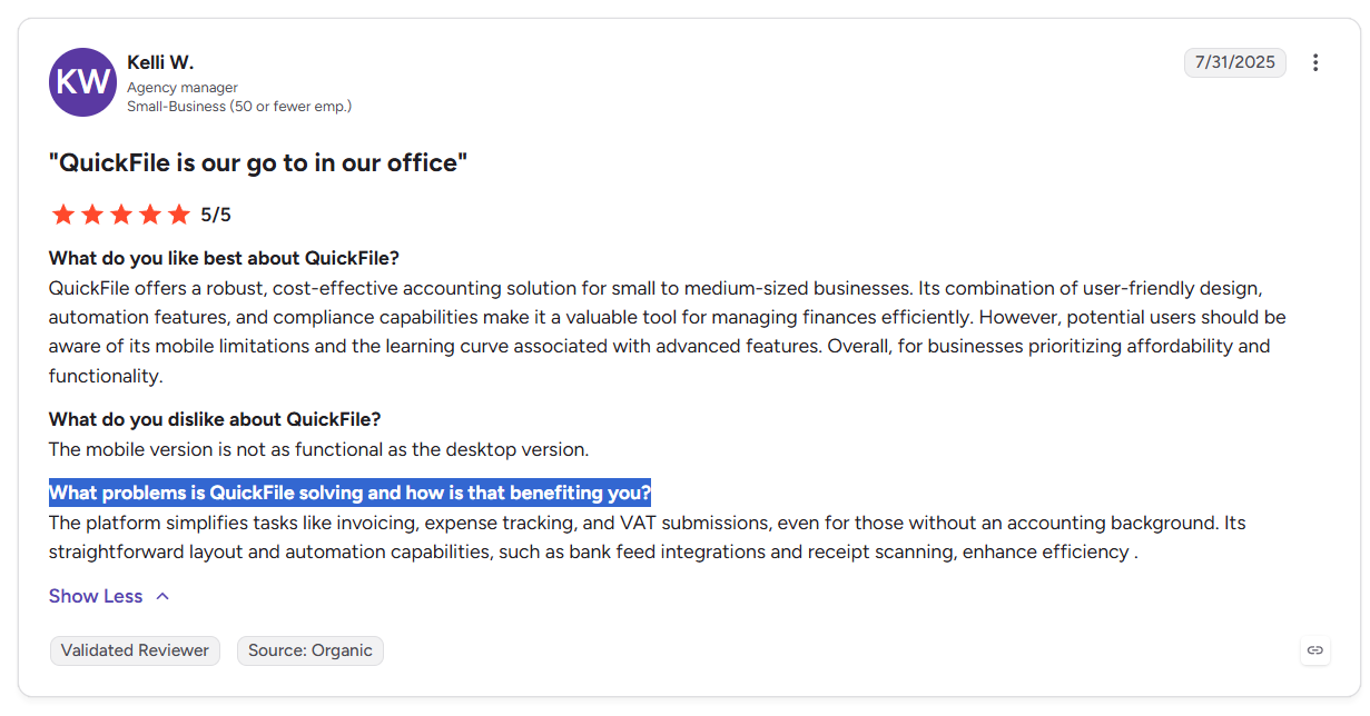 Five-star G2 review of QuickFile titled "QuickFile is our go to in our office," praising affordability, automation, and ease of use.
