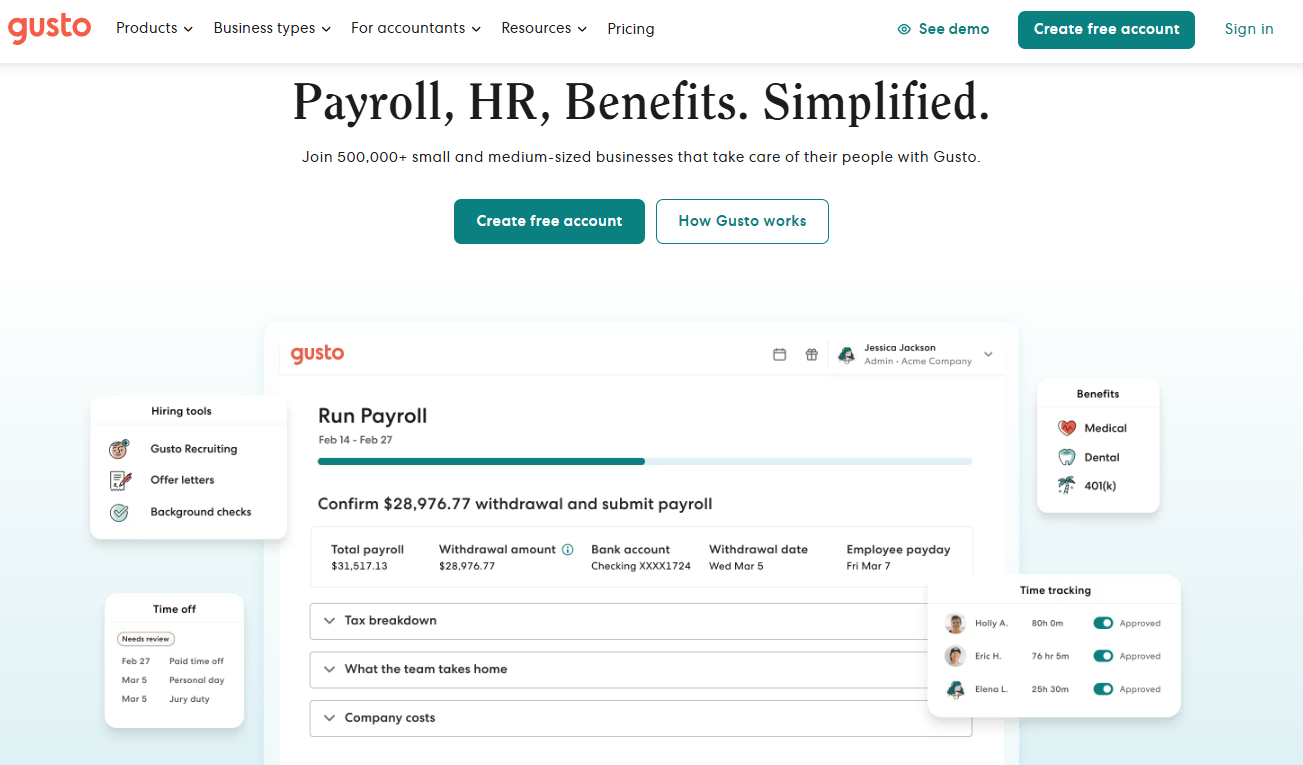 Gusto homepage with headline "Payroll, HR, Benefits. Simplified." showing a payroll dashboard mockup with time tracking and benefits panels.