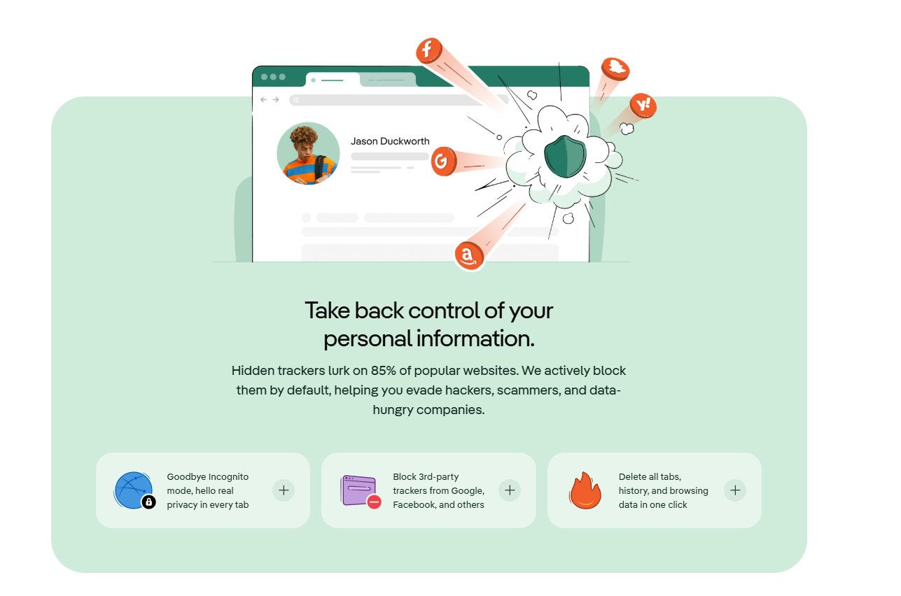 Privacy browser graphic with headline "Take back control of your personal information," showing a shield blocking tracker icons from a user profile.