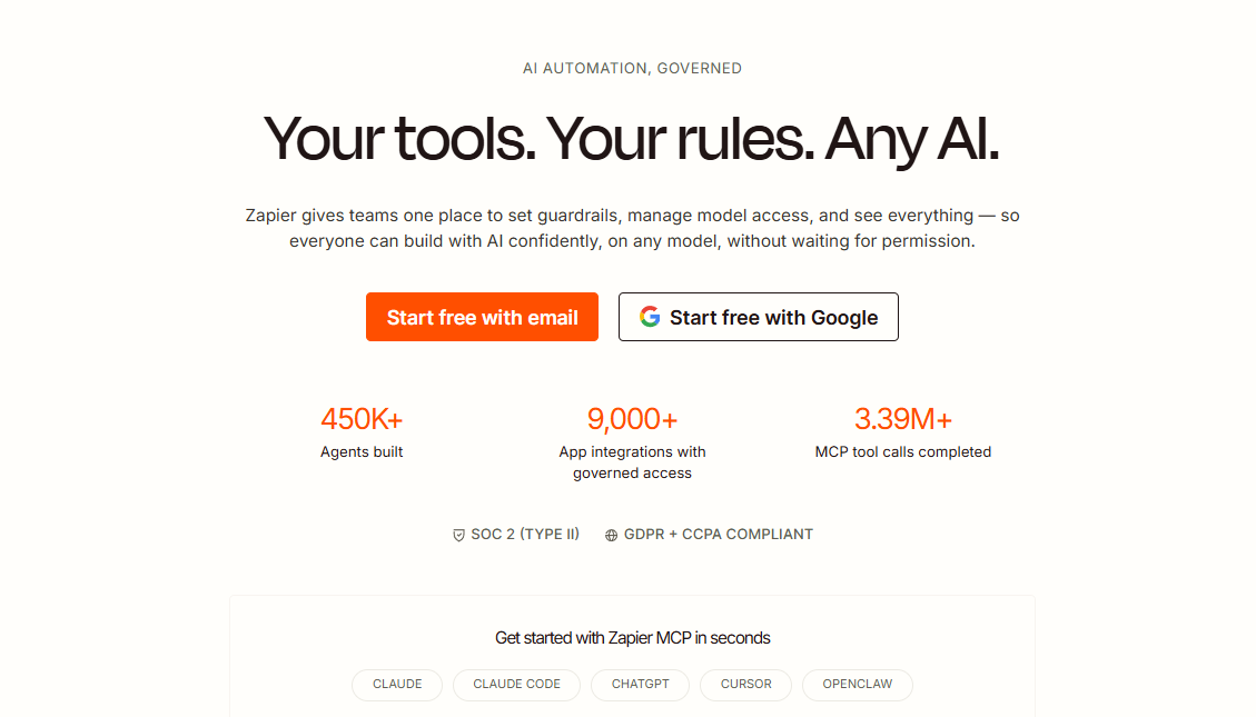 Zapier AI automation page with headline "Your tools. Your rules. Any AI." showing stats for 450K+ agents built and 9,000+ app integrations.